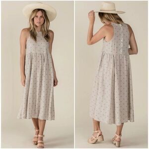 Rylee + Cru Zoe Linen Sleeveless Button Back Palm Print Dress in Natural | XS